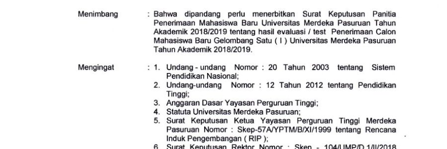 Pengumuman Hasil Penerimaan Mahasiswa Baru Gelombang I Tahun 2018/2019